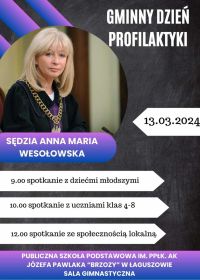 Plakat Gminnego Dnia Profilaktyki. Na zdjęciu sędzia Anna Maria Wesołowska