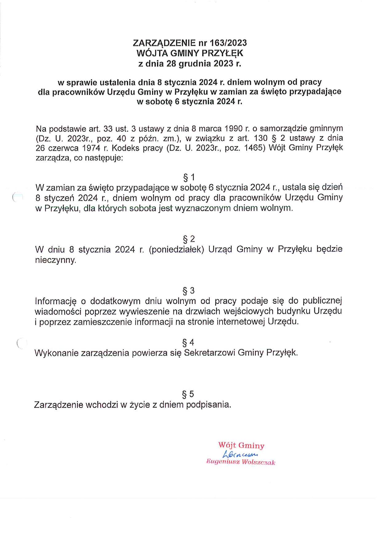 Zarządzenie Wójta w sprawie ustalenia 8 stycznia 2024 r. jako dnia wolnego od pracy dla pracowników Urzędu Gminy w Przyłęku