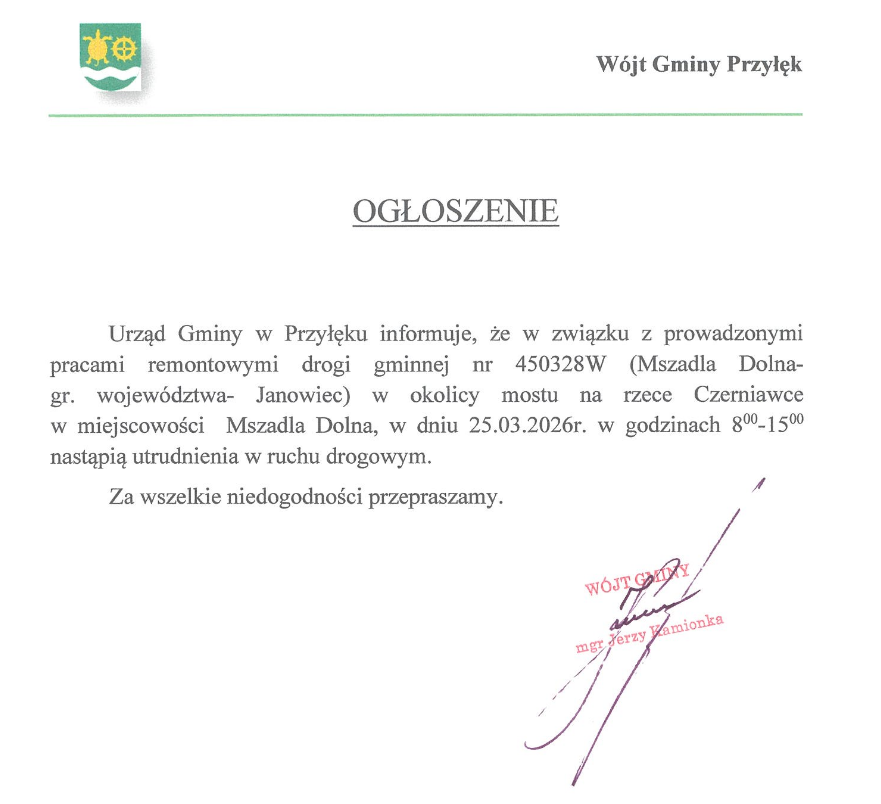 Utrudnienia w ruchu w Mszadle Dolnej. Informacja Urzędu Gminy Przyłęk